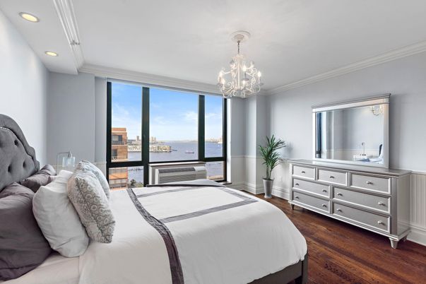 Bedroom, Chandelier, Interior, Recessed Lighting, Water, Wood Texture Flooring