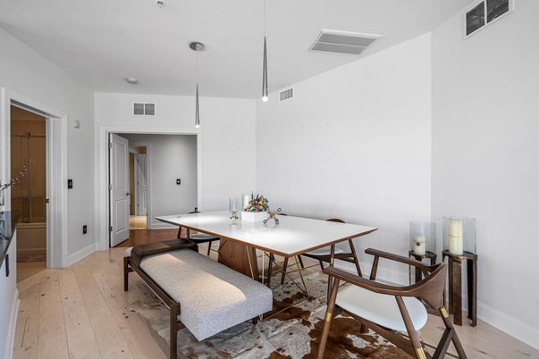 Dining room, Interior, Pendant Lights, Wood Texture Flooring