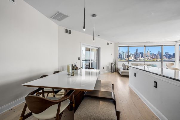 Dining room, Interior, Living room, Pendant Lights, Recessed Lighting, Wood Texture Flooring