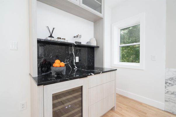 Interior, Kitchen, Marble Walls, Wood Texture Flooring