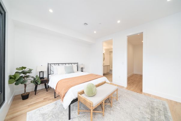 Bedroom, Interior, Recessed Lighting, Wood Texture Flooring