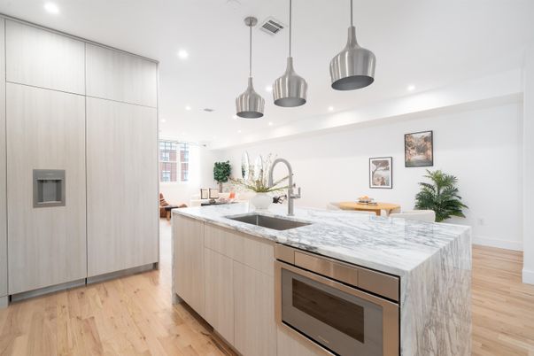 Interior, Kitchen, Pendant Lights, Recessed Lighting, Stainless Steel Appliances, Wood Texture Flooring
