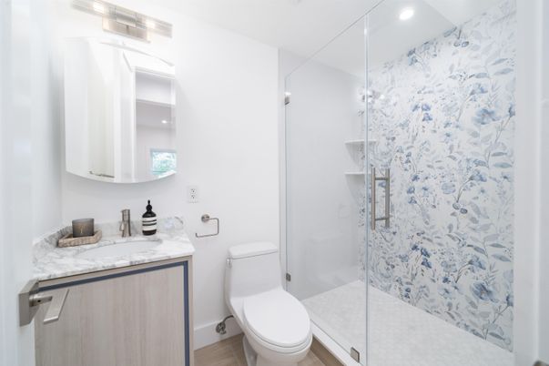 Bathroom, Glass Shower, Interior, Recessed Lighting, Wood Texture Flooring