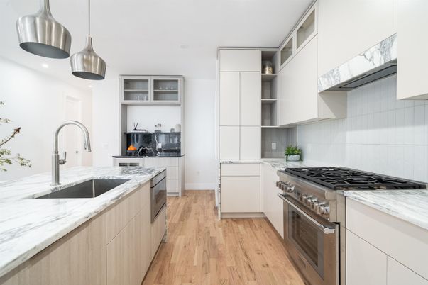 Interior, Kitchen, Pendant Lights, Recessed Lighting, Stainless Steel Appliances, Wood Texture Flooring
