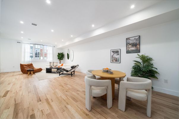 Dining room, Interior, Living room, Recessed Lighting, Wood Texture Flooring