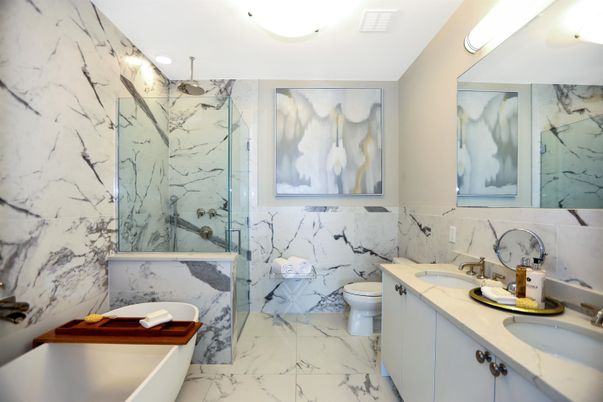 Bathroom, Dual Sink Vanities, Interior, Marble, Marble Walls, Recessed Lighting