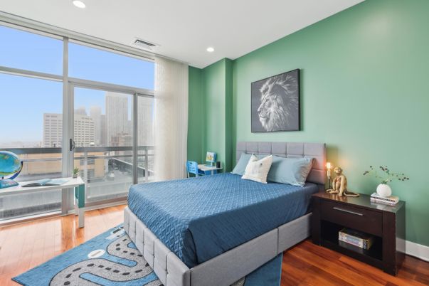 Bedroom, Interior, Recessed Lighting, Water, Wood Texture Flooring