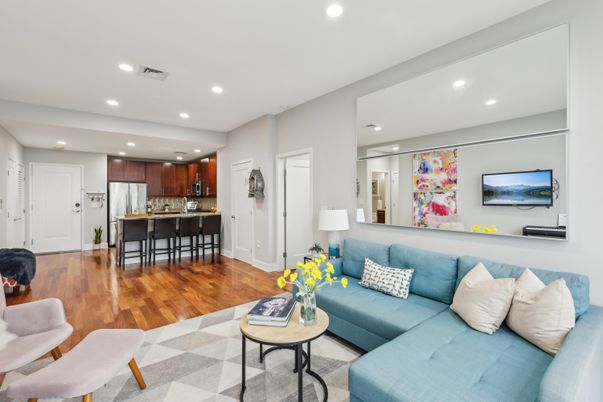 Interior, Kitchen, Living room, Recessed Lighting, Stainless Steel Appliances, Wood Texture Flooring