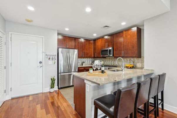 Interior, Kitchen, Recessed Lighting, Stainless Steel Appliances, Wood Texture Flooring