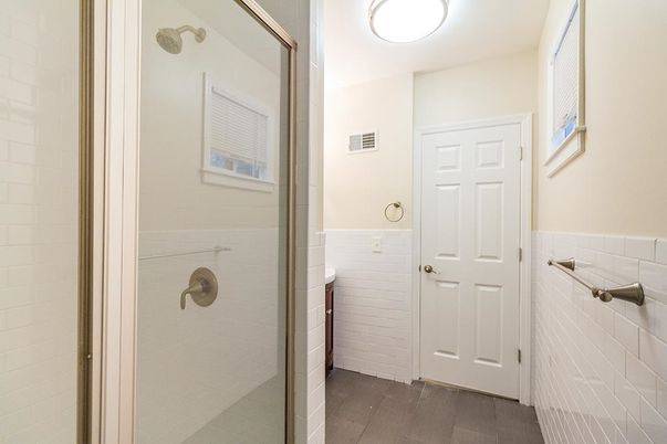 Bathroom, Glass Shower, Interior, Wood Texture Flooring