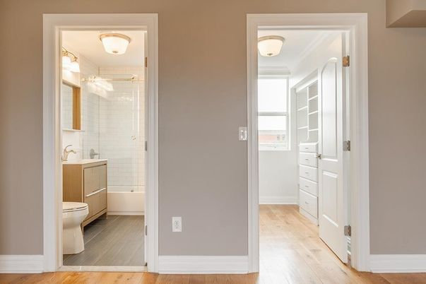 Bathroom, Glass Shower, Interior, Wood Texture Flooring