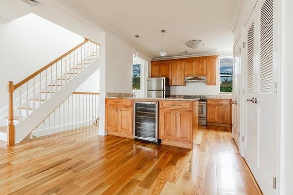 Interior, Kitchen, Pendant Lights, Stainless Steel Appliances, Wood Texture Flooring