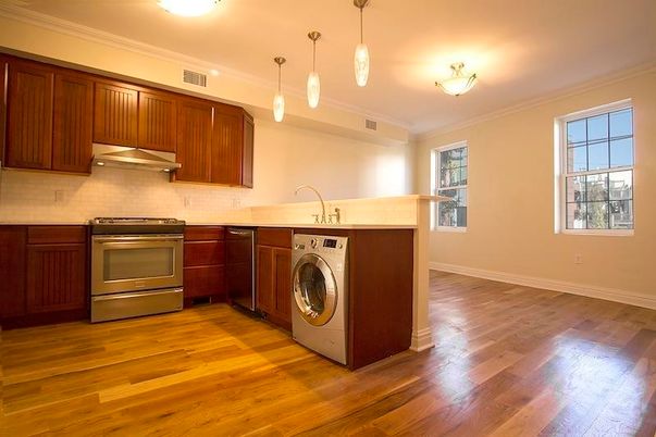 Interior, Kitchen, Pendant Lights, Stainless Steel Appliances, Washer, Wood Texture Flooring