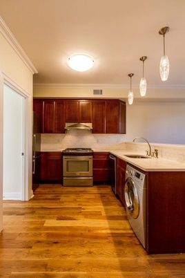 Interior, Kitchen, Pendant Lights, Washer, Wood Texture Flooring