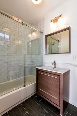 Bathroom, Glass Shower, Interior, Wood Texture Flooring