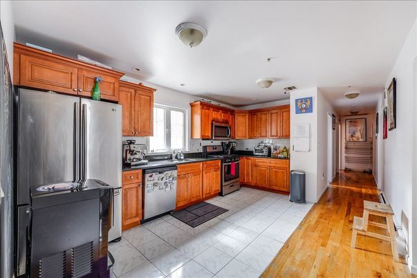 Interior, Kitchen, Marble, Recessed Lighting, Stainless Steel Appliances, Wood Texture Flooring