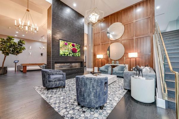 Fireplace, Interior, Living room, Pendant Lights, Recessed Lighting, Wood Texture Flooring, Wooden Walls