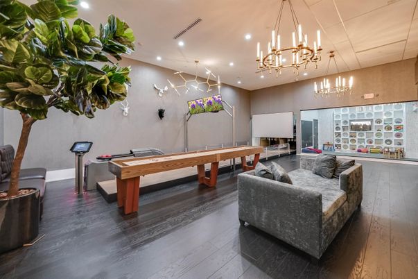 Billiard Table, Chandelier, Game Room, Interior, Pendant Lights, Recessed Lighting, Wood Texture Flooring