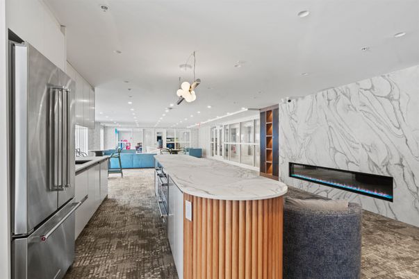 Fireplace, Interior, Kitchen, Living room, Marble Walls, Pendant Lights, Recessed Lighting, Stainless Steel Appliances