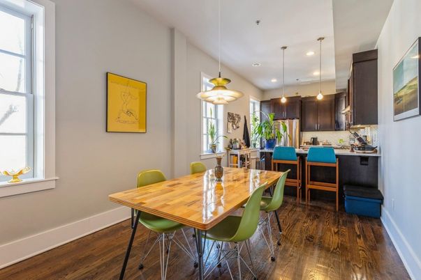 Dining room, Interior, Kitchen, Pendant Lights, Recessed Lighting, Wood Texture Flooring