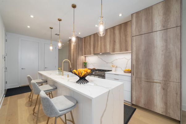 Interior, Kitchen, Marble Walls, Pendant Lights, Recessed Lighting, Wood Texture Flooring