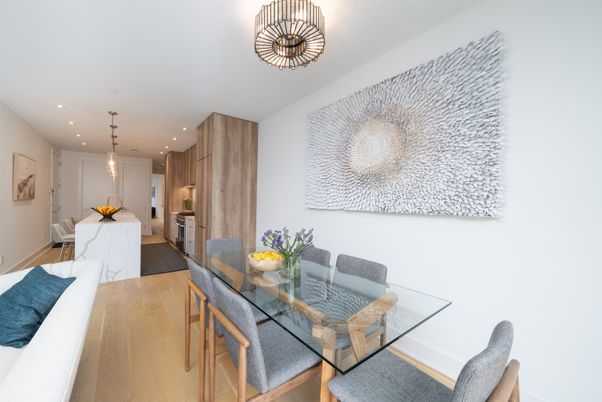 Dining room, Interior, Kitchen, Pendant Lights, Recessed Lighting, Wood Texture Flooring