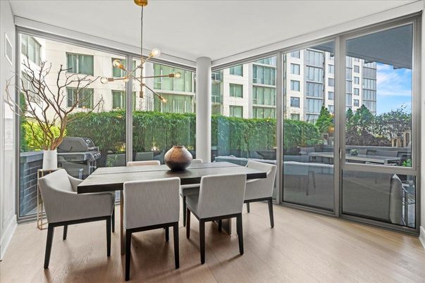 Dining room, Interior, Pendant Lights, Sun Room, Wood Texture Flooring