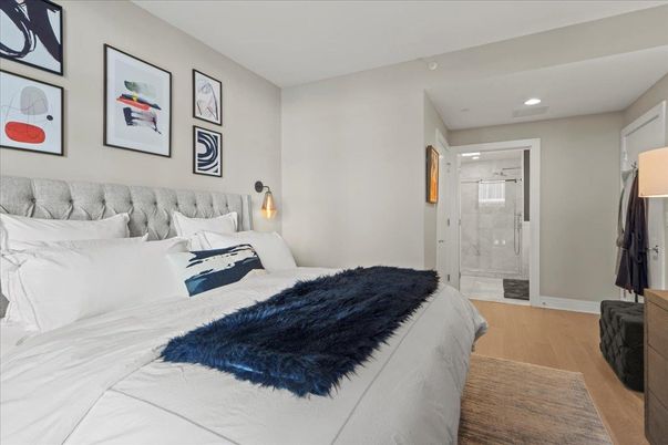 Bathroom, Bedroom, Glass Shower, Interior, Recessed Lighting, Wood Texture Flooring