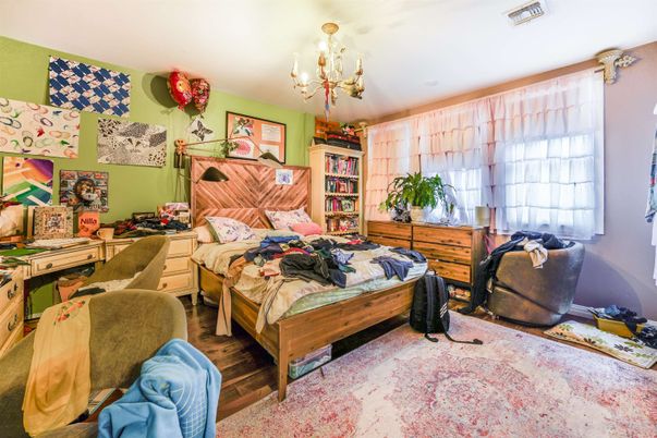 Bedroom, Chandelier, Interior, Wood Texture Flooring