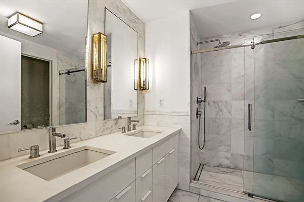 Bathroom, Dual Sink Vanities, Glass Shower, Interior, Marble, Marble Walls, Recessed Lighting