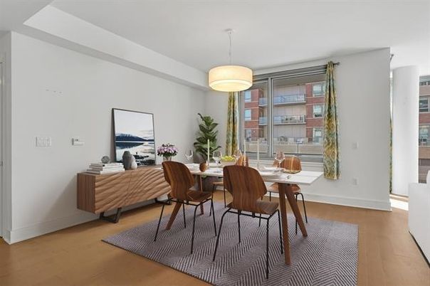 Dining room, Interior, Pendant Lights, Wood Texture Flooring