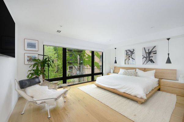 Bedroom, Interior, Pendant Lights, Wood Texture Flooring