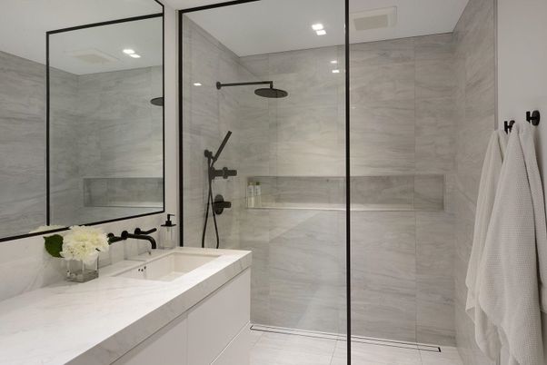 Bathroom, Glass Shower, Interior, Marble Walls, Recessed Lighting