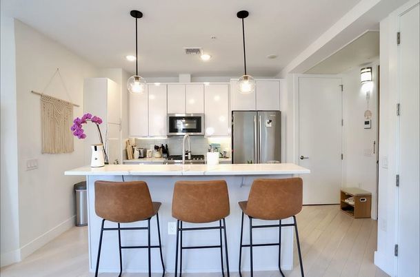 Interior, Kitchen, Pendant Lights, Recessed Lighting, Stainless Steel Appliances, Wood Texture Flooring
