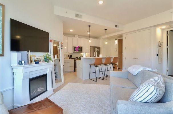 Fireplace, Interior, Kitchen, Pendant Lights, Recessed Lighting, Wood Texture Flooring