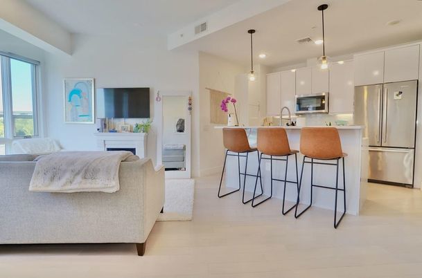 Fireplace, Interior, Kitchen, Pendant Lights, Recessed Lighting, Stainless Steel Appliances