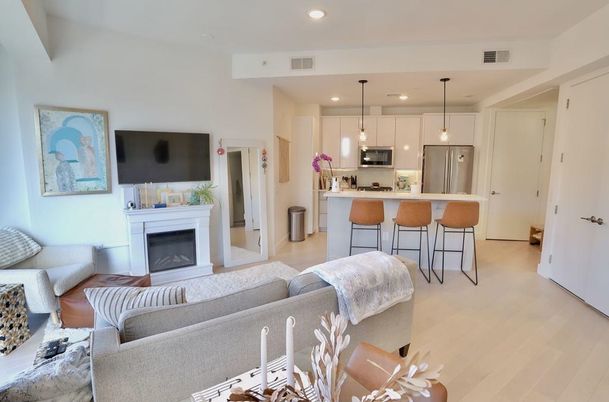 Fireplace, Interior, Kitchen, Living room, Pendant Lights, Recessed Lighting, Stainless Steel Appliances, Wood Texture Flooring