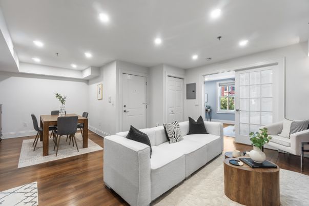 Dining room, Interior, Living room, Recessed Lighting, Wood Texture Flooring