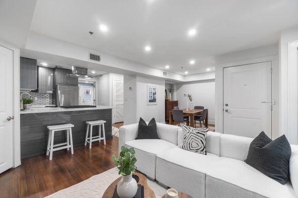 Dining room, Interior, Kitchen, Living room, Recessed Lighting, Stainless Steel Appliances, Wood Texture Flooring