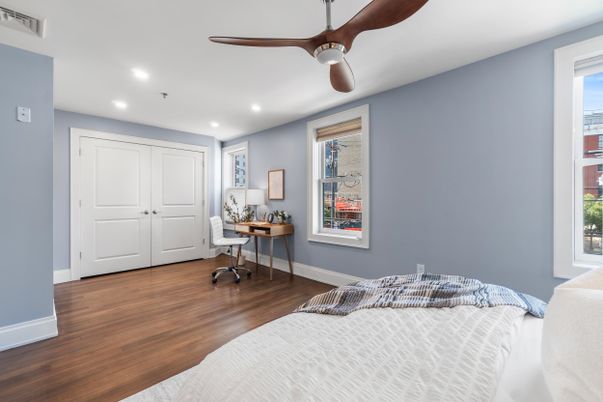 Bedroom, Home Office, Interior, Recessed Lighting, Wood Texture Flooring