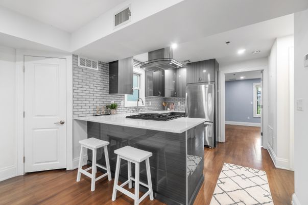 Interior, Kitchen, Recessed Lighting, Stainless Steel Appliances, Wood Texture Flooring