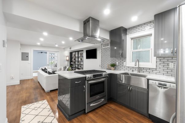Interior, Kitchen, Living room, Recessed Lighting, Stainless Steel Appliances, Wood Texture Flooring