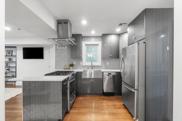 Interior, Kitchen, Recessed Lighting, Stainless Steel Appliances, Wood Texture Flooring