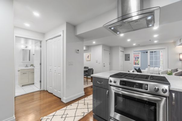 Dining room, Interior, Kitchen, Recessed Lighting, Stainless Steel Appliances, Wood Texture Flooring