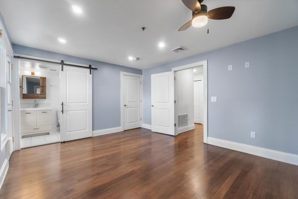 Bathroom, Empty room, Interior, Recessed Lighting, Wood Texture Flooring