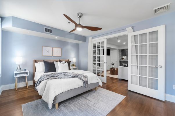 Bedroom, Interior, Recessed Lighting, Wood Texture Flooring