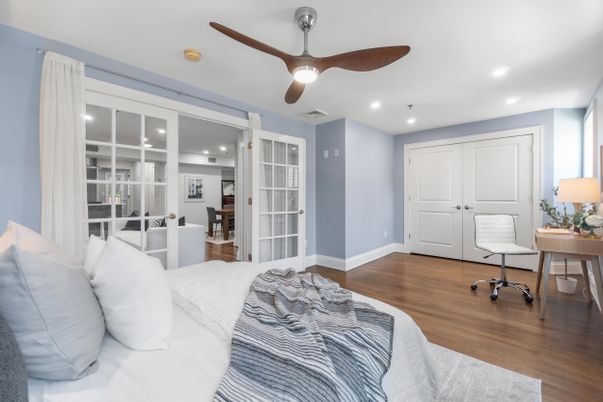 Bedroom, Home Office, Interior, Recessed Lighting, Wood Texture Flooring