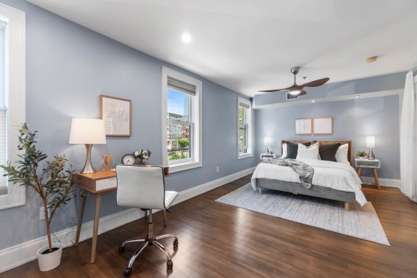 Bedroom, Home Office, Interior, Recessed Lighting, Wood Texture Flooring