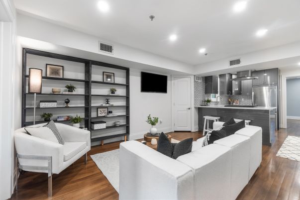Interior, Kitchen, Living room, Recessed Lighting, Stainless Steel Appliances, Wood Texture Flooring