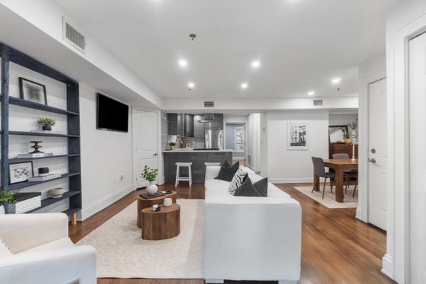 Dining room, Interior, Kitchen, Living room, Recessed Lighting, Stainless Steel Appliances, Wood Texture Flooring